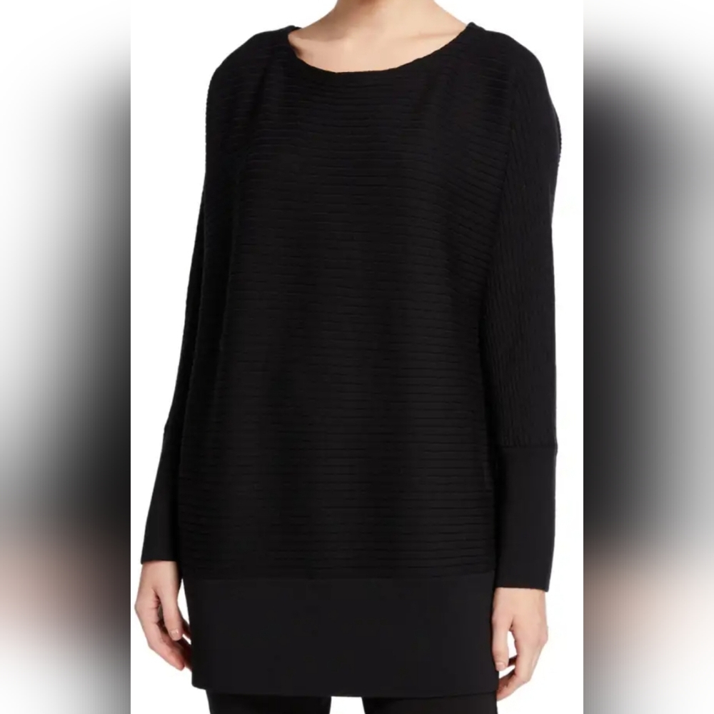 Eileen Fisher Italian Morino Wool Bateau-Neck Ribbed Tunic Sweater